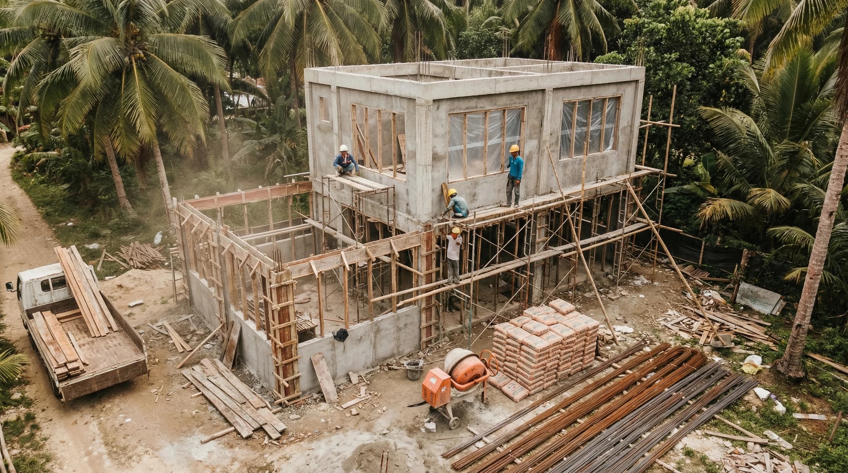Finished modern villa surrounded by palm trees on Siargao island