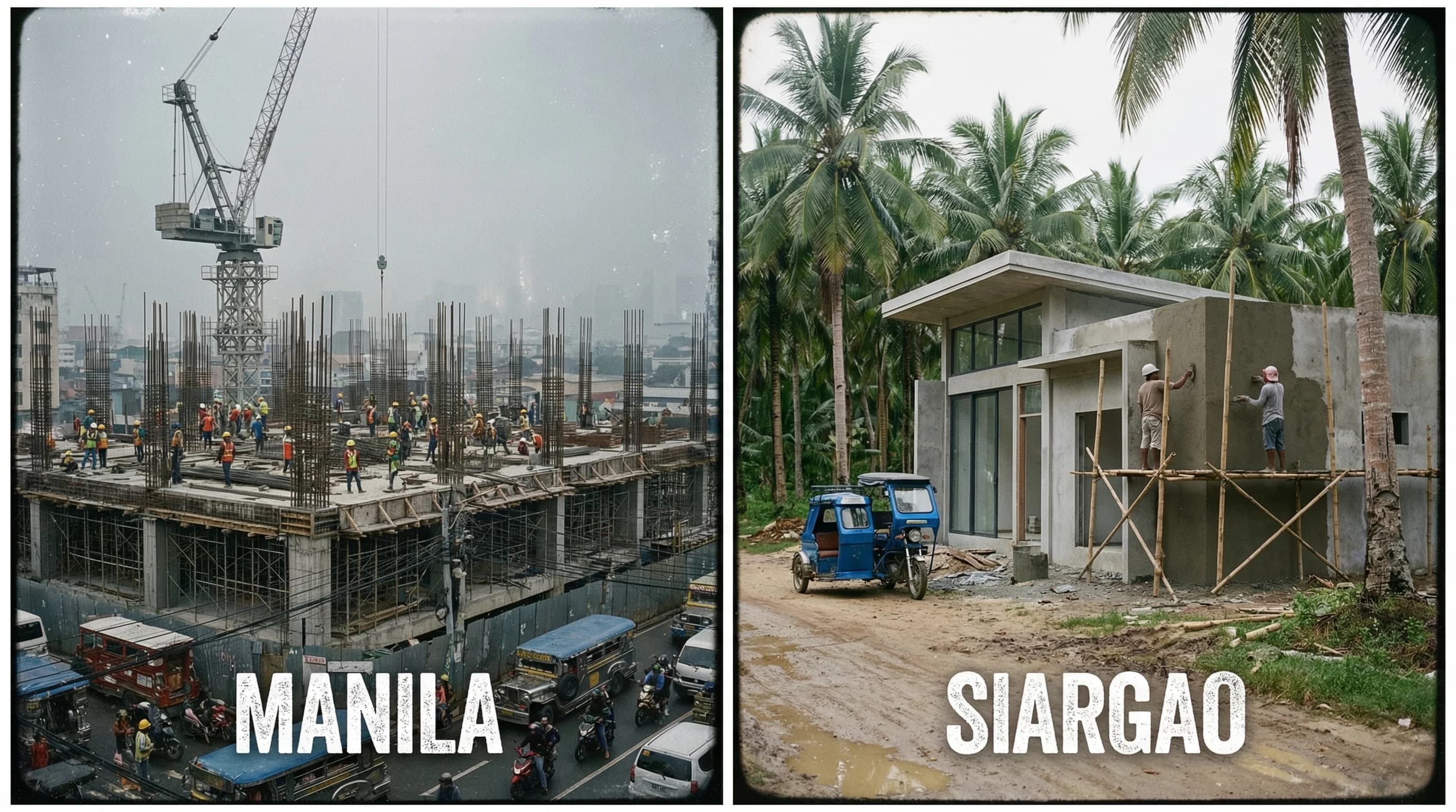 Split view comparing urban Manila construction with tropical Siargao villa building