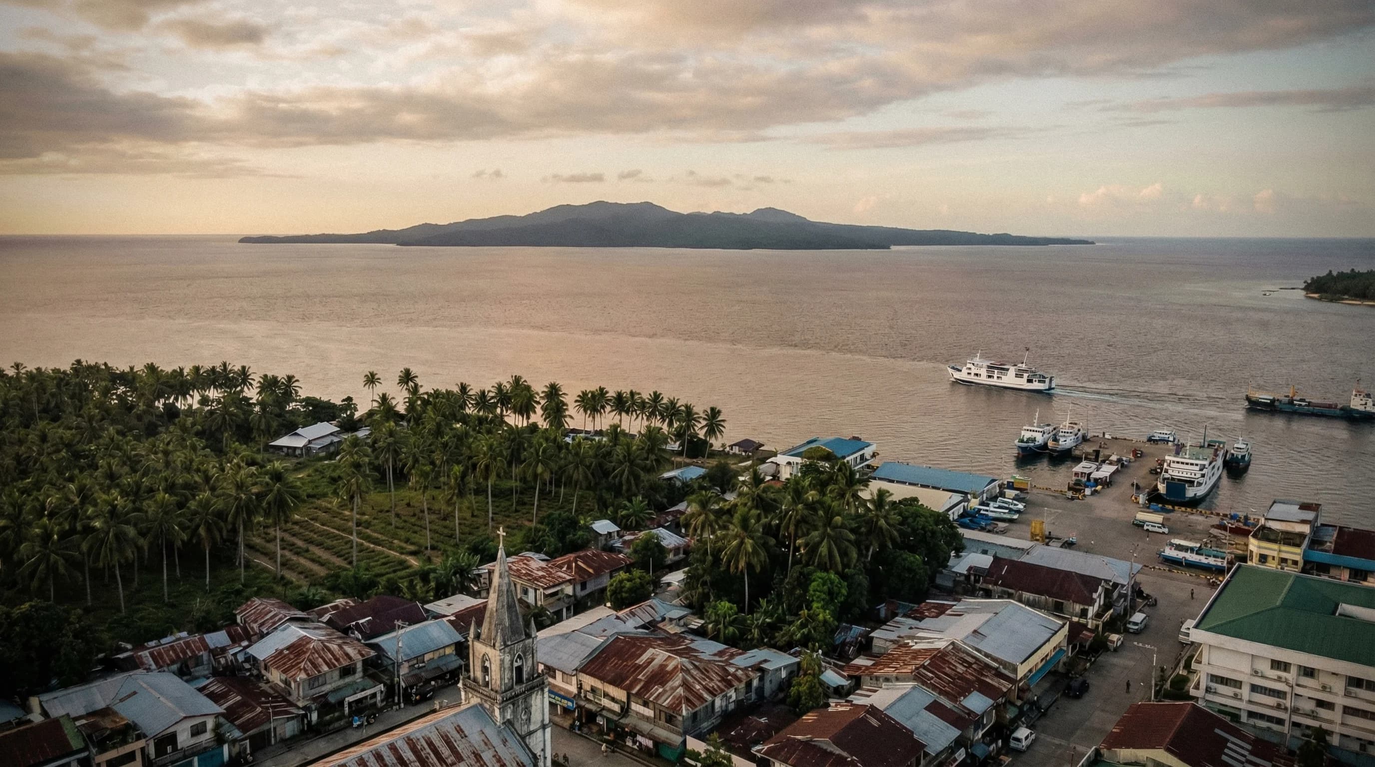 Aerial view of Surigao del Norte coastline showing the mainland and Siargao island