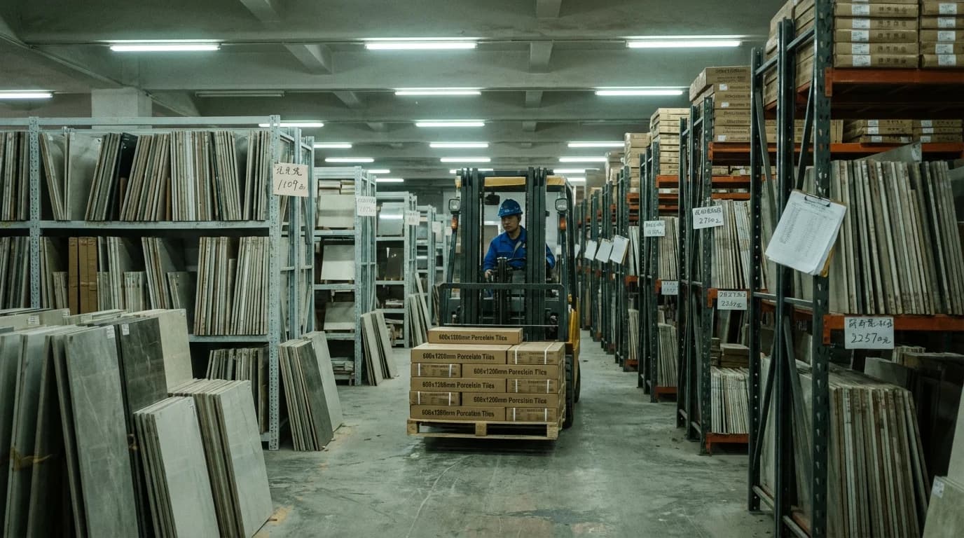 Large format porcelain tiles in a Guangzhou warehouse ready for export