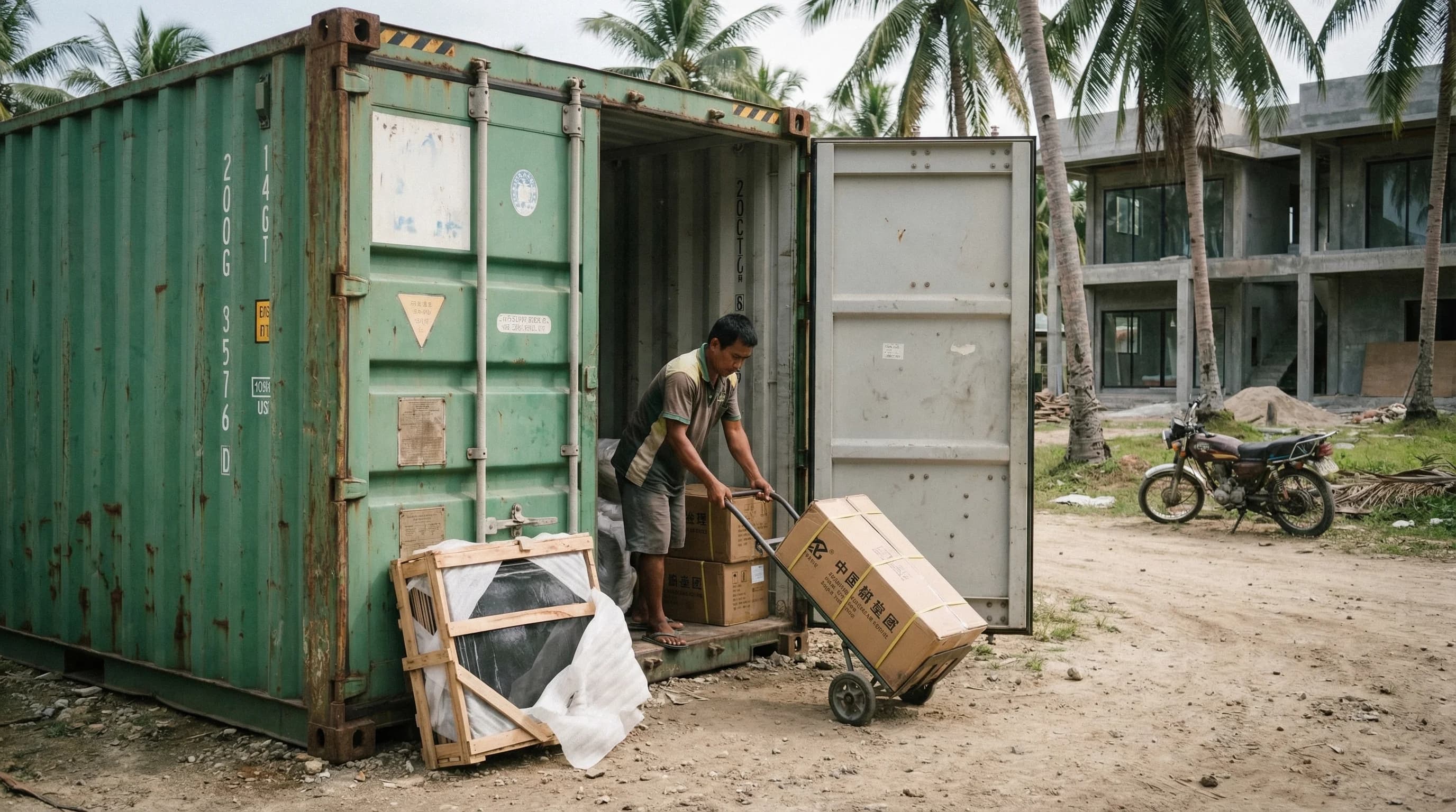 Shipping container being unloaded at a Philippine port with construction materials