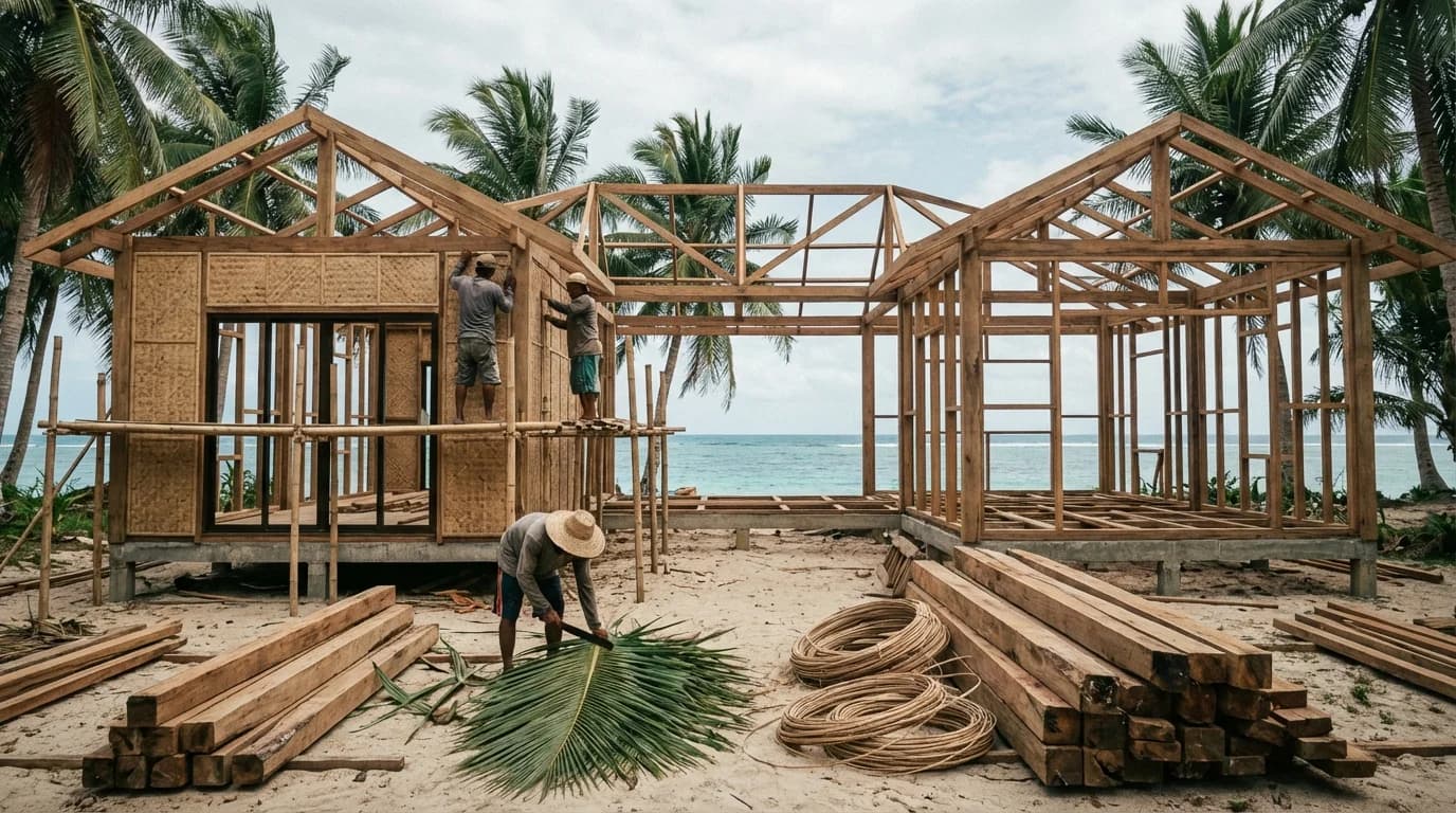Cottage construction in progress on a Siargao beachfront lot