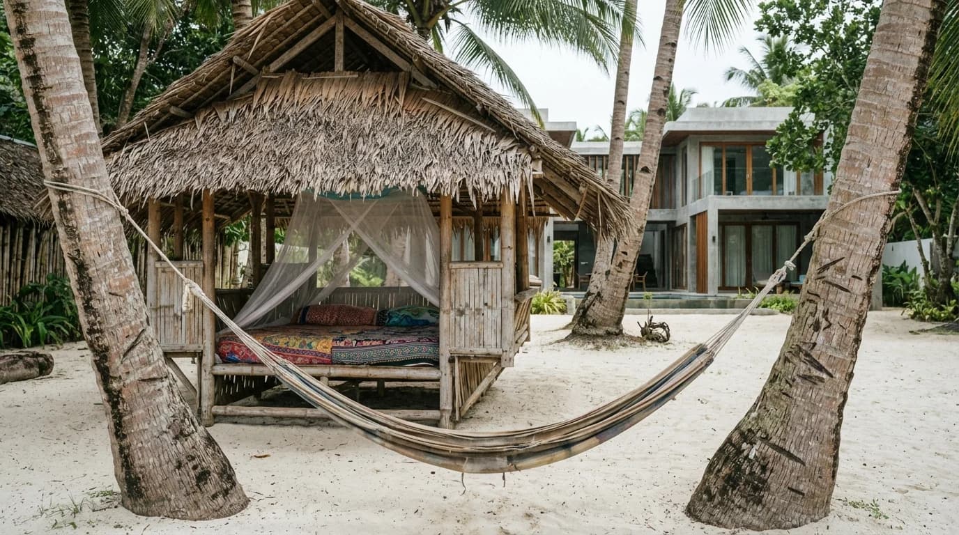 Bamboo kubu hut and treehouse tent on a beachfront lot in Siargao