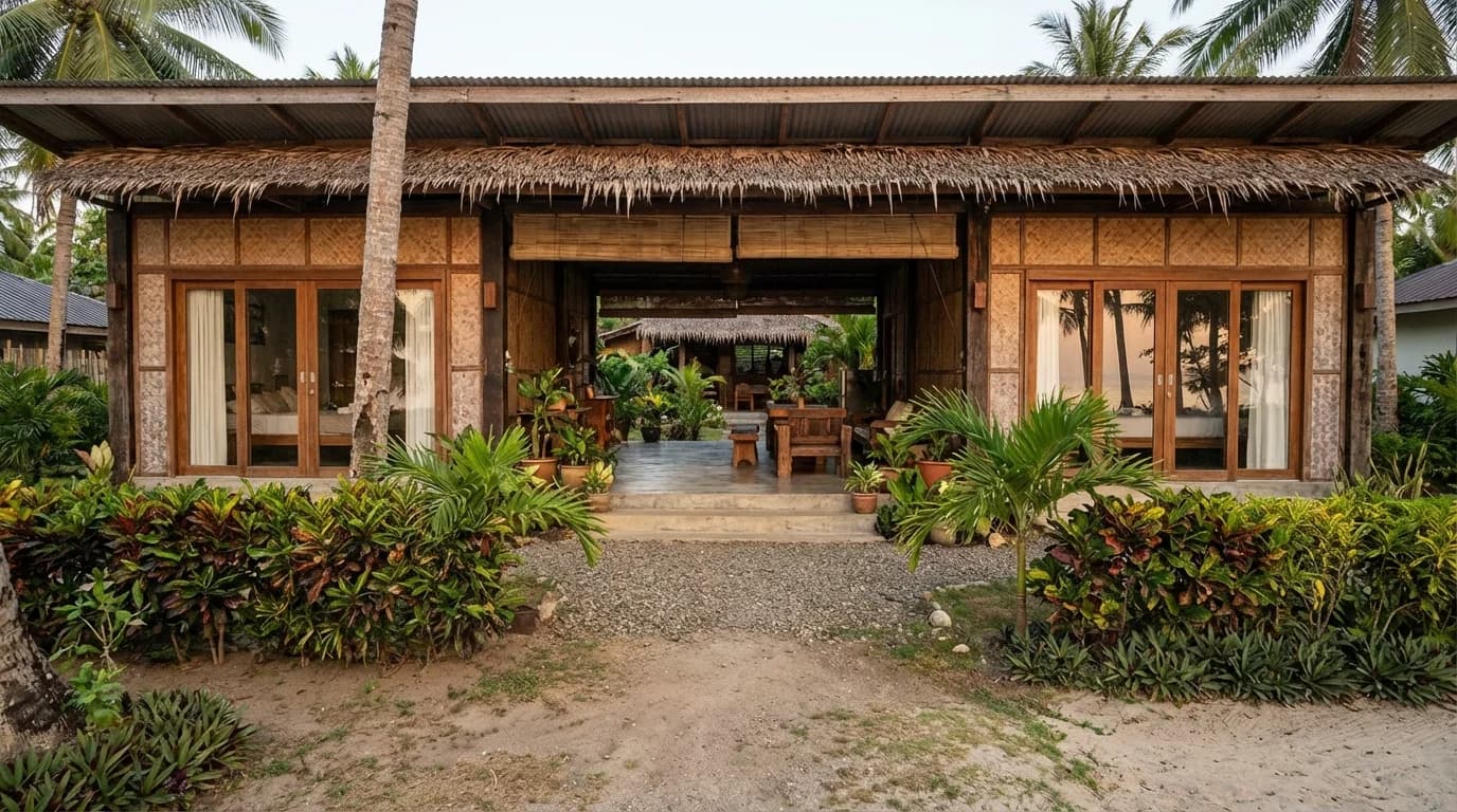 Simple two-bedroom cottage with covered porch on a Siargao beachfront lot