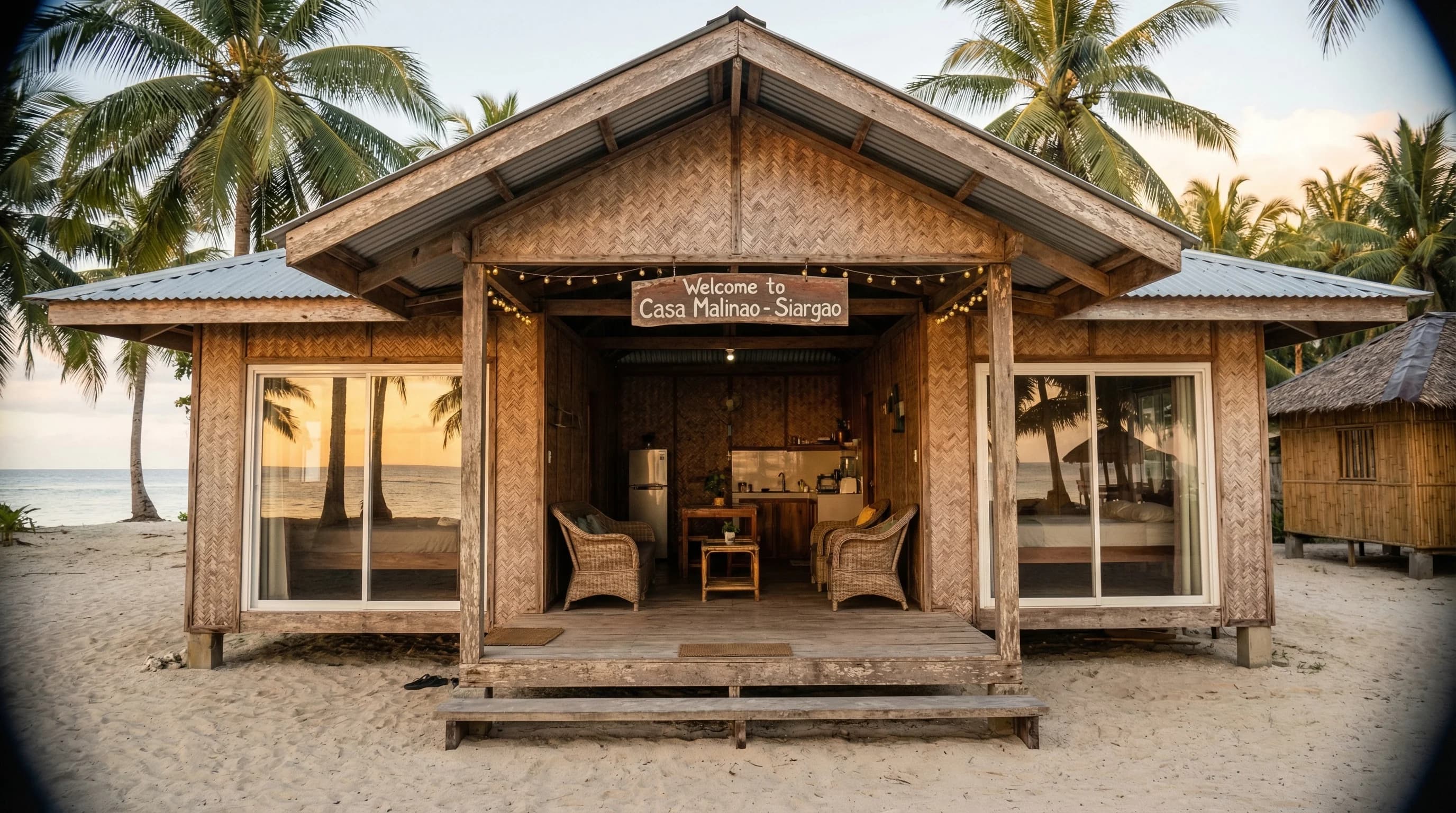 Small two-bedroom cottage on a beachfront lot in Malinao, Siargao with coconut palms and outdoor living area