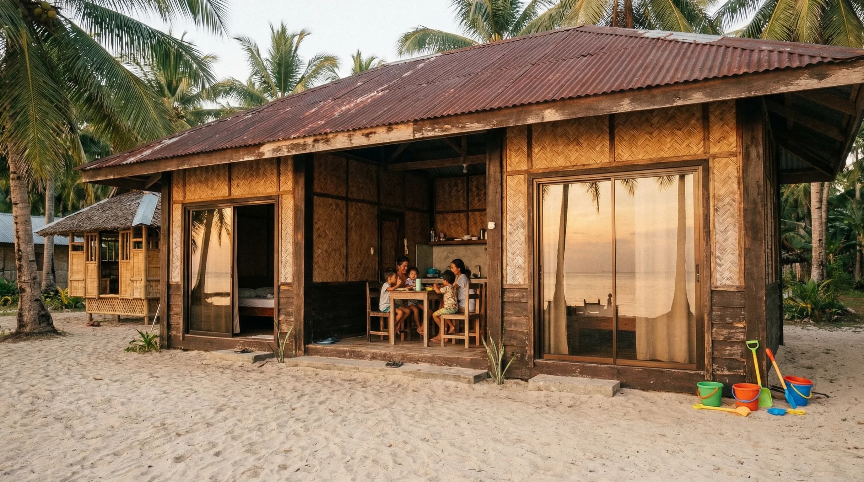 Finished beach cottage on a beachfront lot in Malinao, Siargao surrounded by coconut palms
