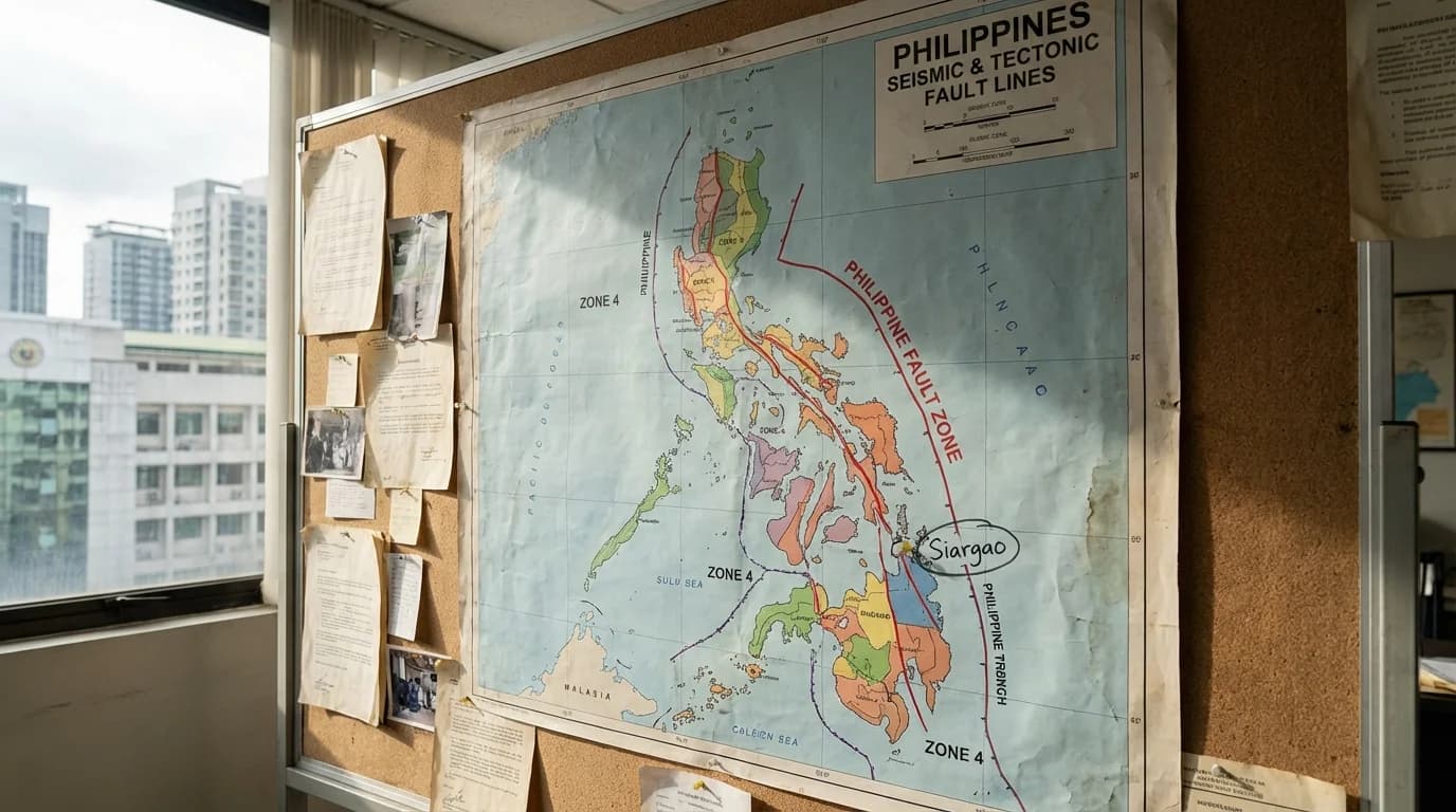 Map of the Philippines showing tectonic plates and fault lines near Siargao