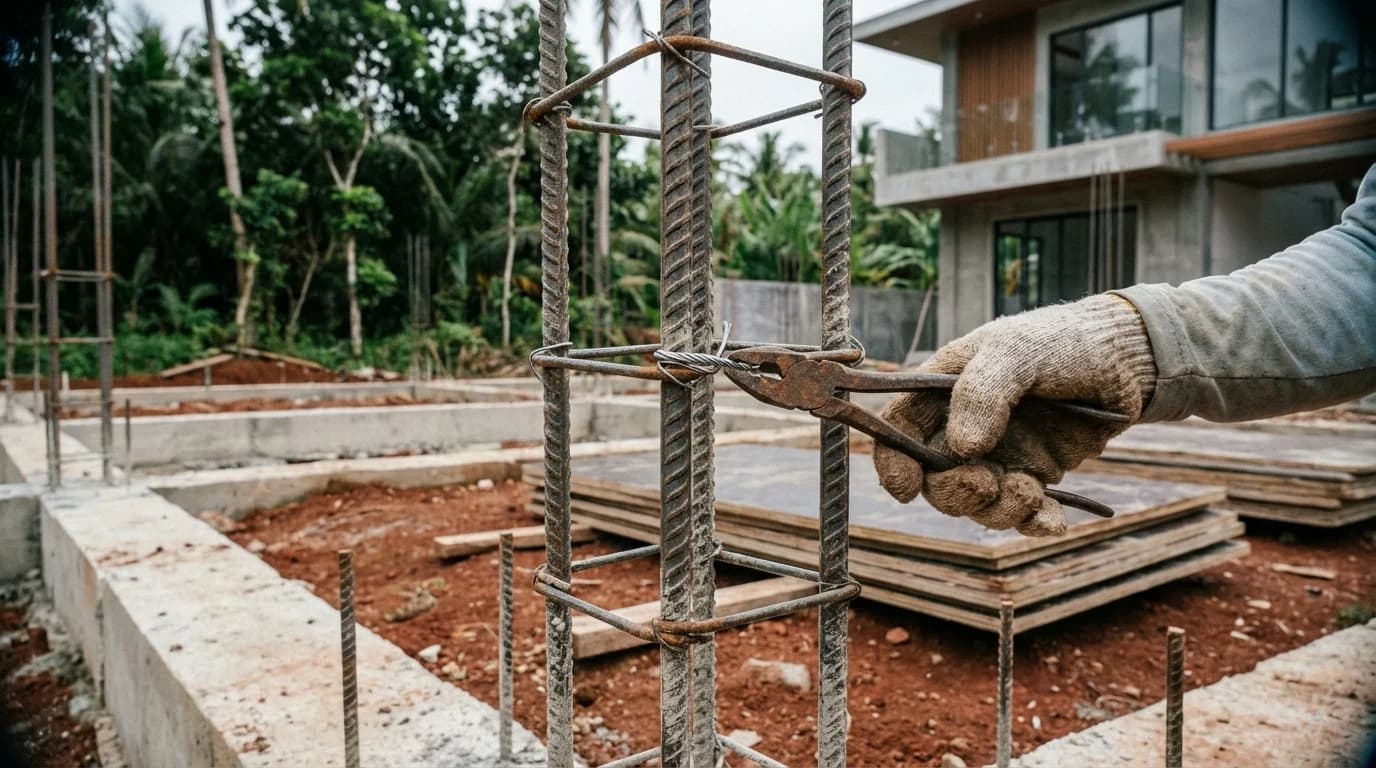 Close-up of tied rebar cage for column footing ready for concrete pour on Siargao