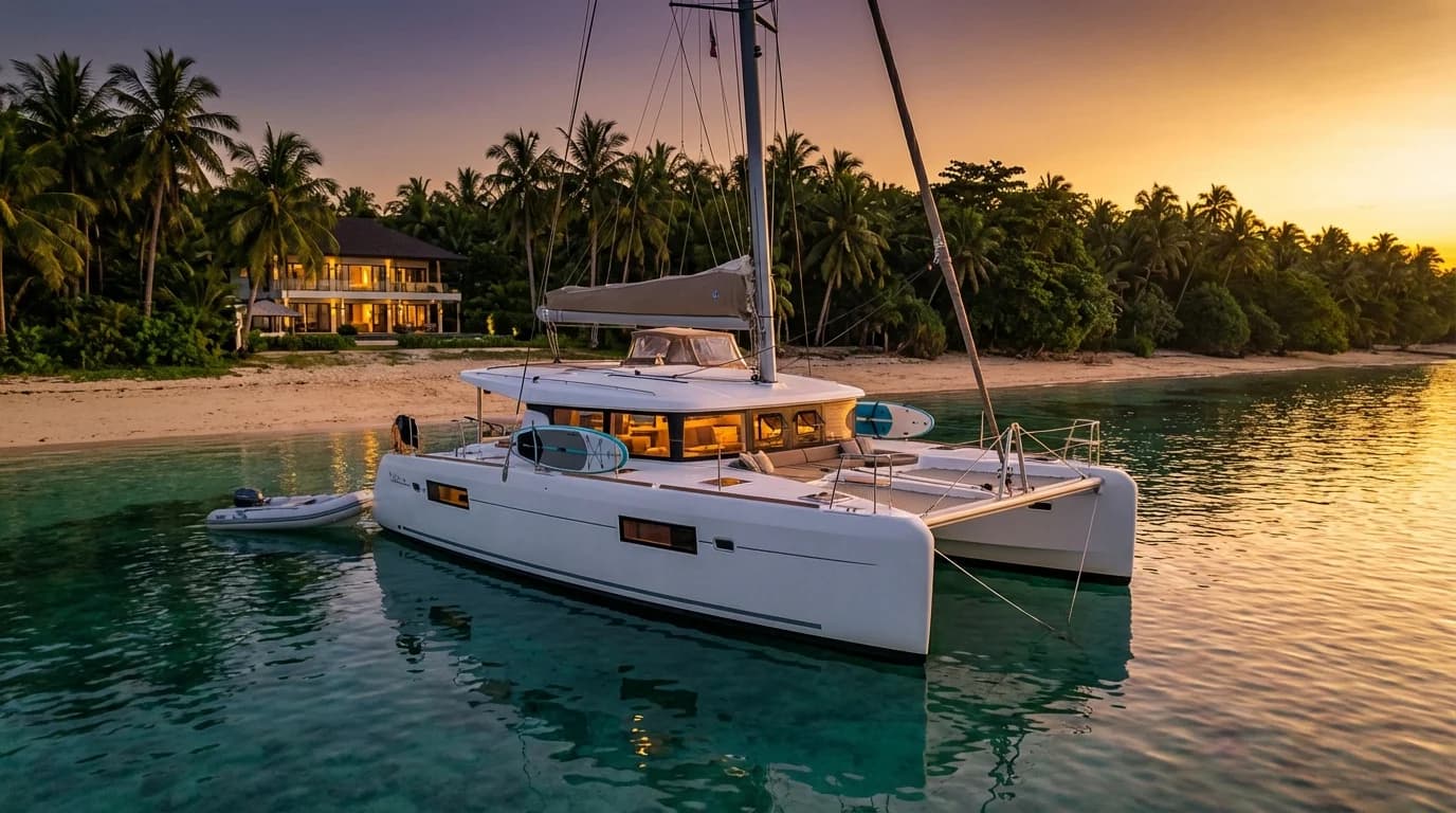 Sailing catamaran anchored off a tropical island beach at sunset