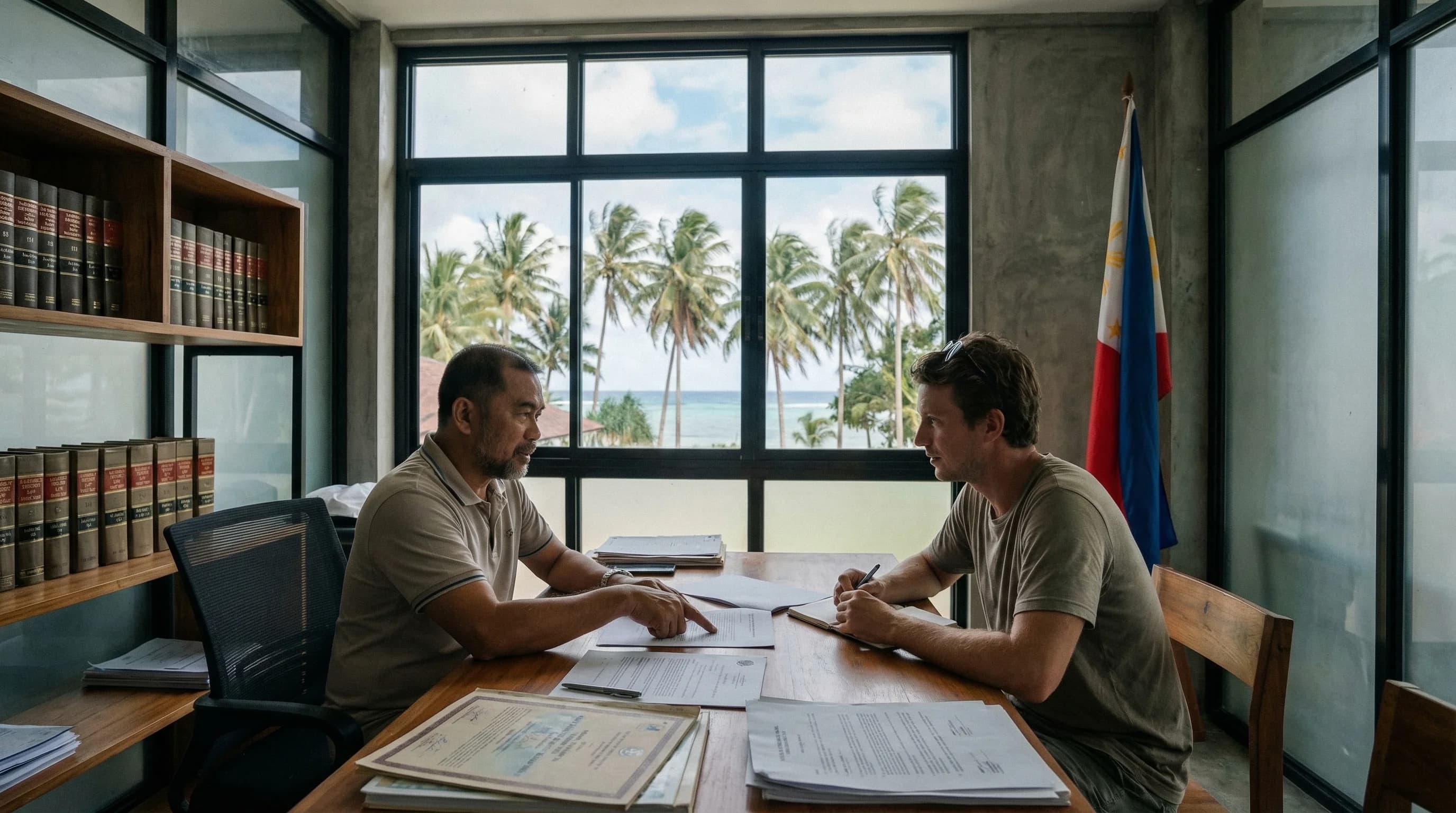 Siargao beachfront property with palm trees and a modern villa under construction