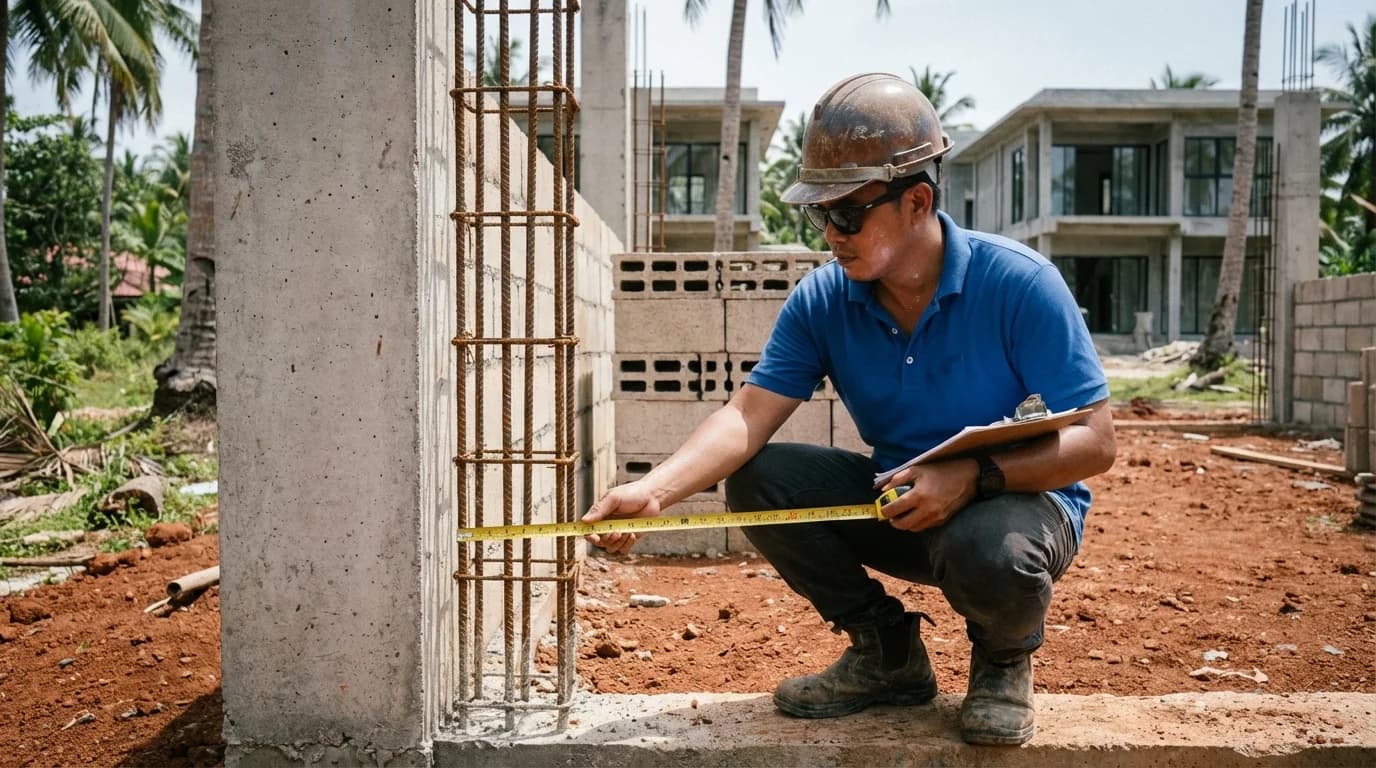 Architect inspecting concrete column rebar on a construction site in Siargao