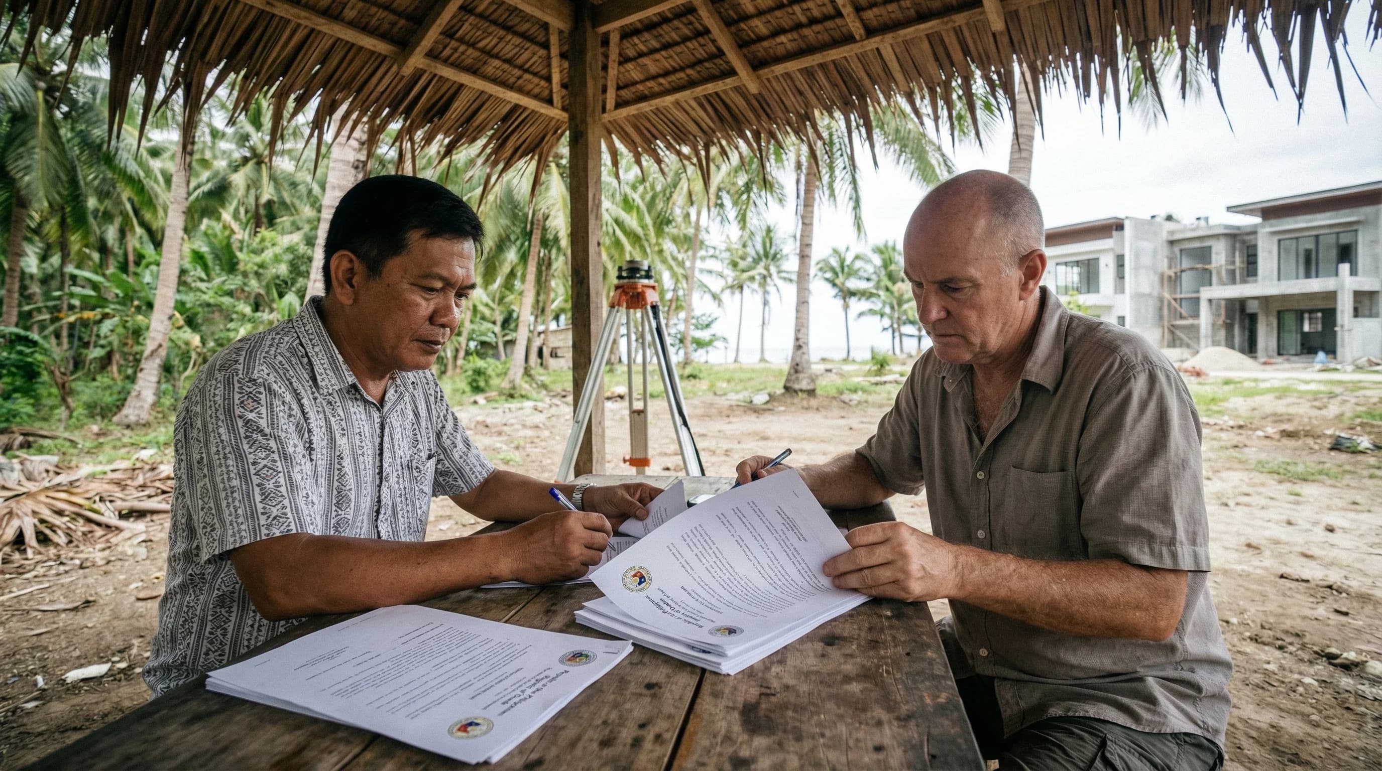 Beachfront land lease property on Siargao island with palm trees and a cottage under construction