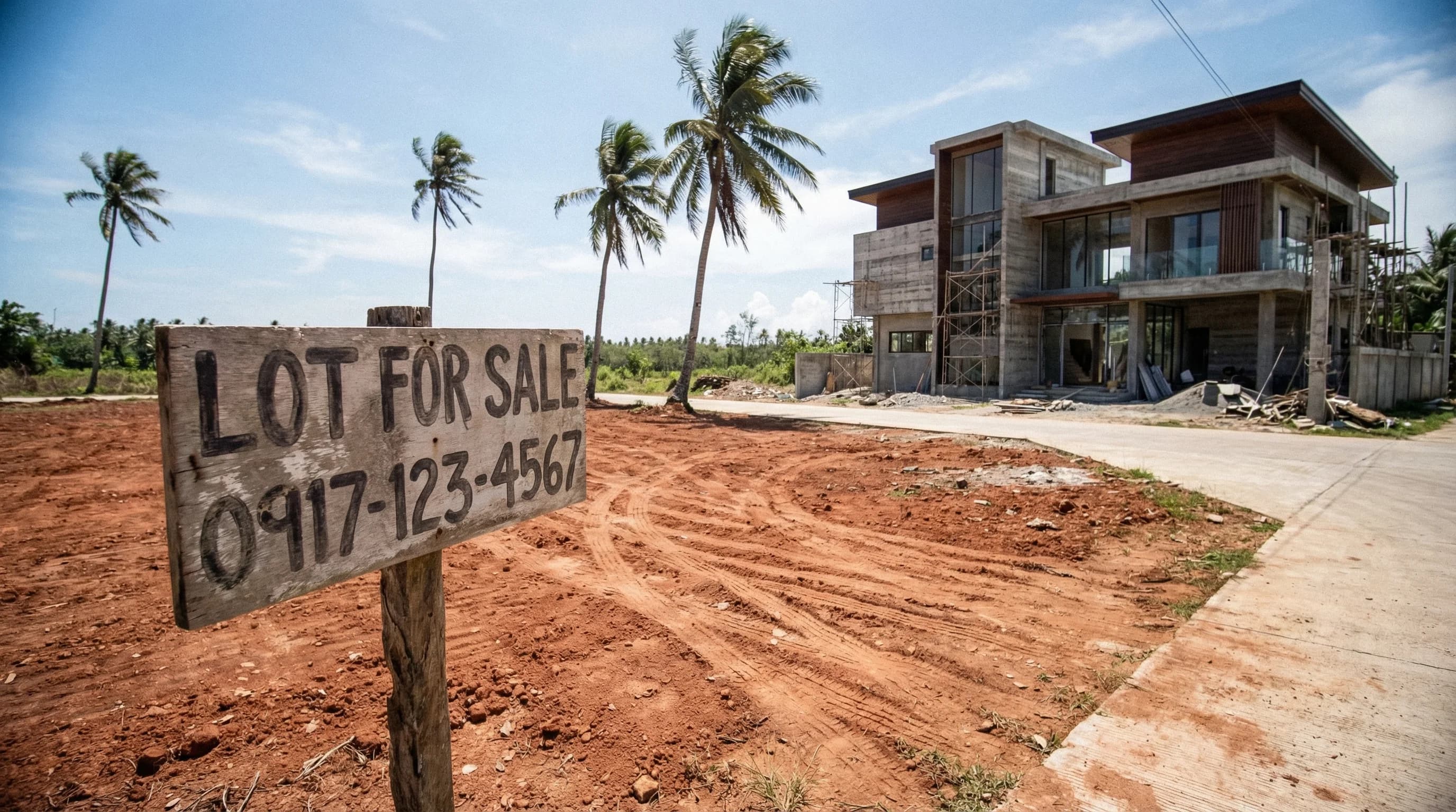 Aerial view of Siargao coastline with palm trees and beachfront lots