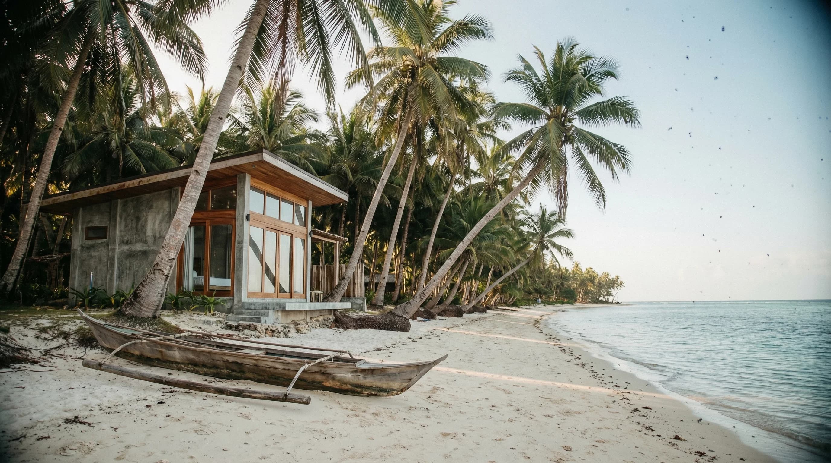 Beachfront shoreline in Malinao, Siargao with coconut palms and calm turquoise water
