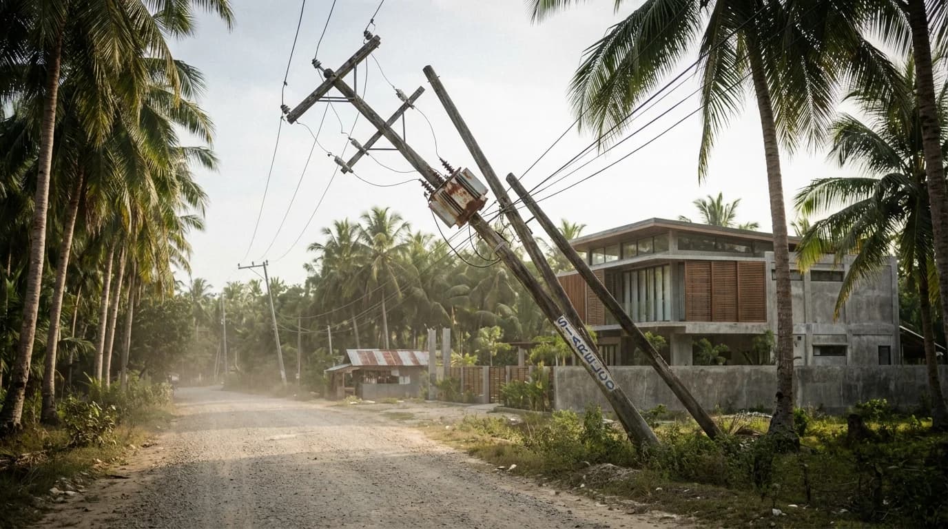 SIARELCO power lines along a rural road on Siargao island