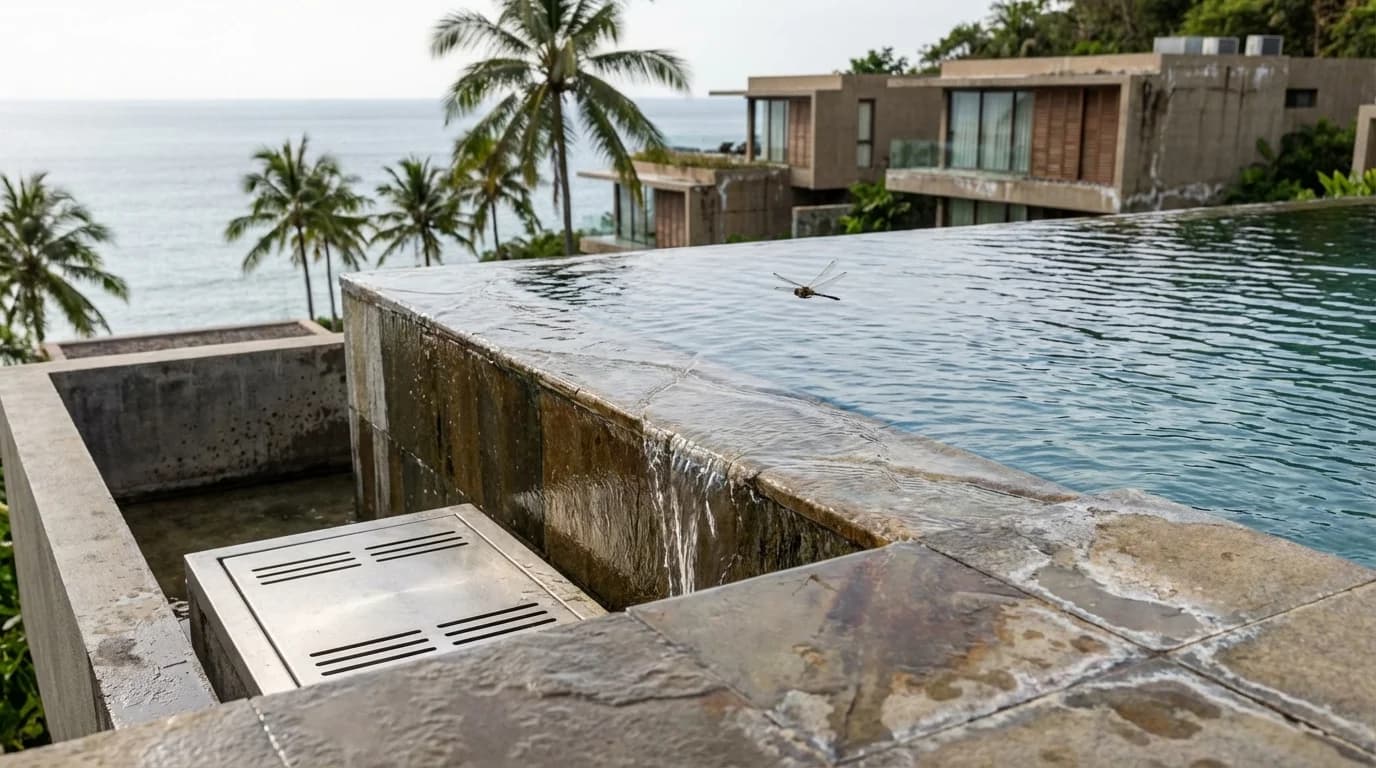 Infinity edge pool overlooking tropical landscape in Siargao