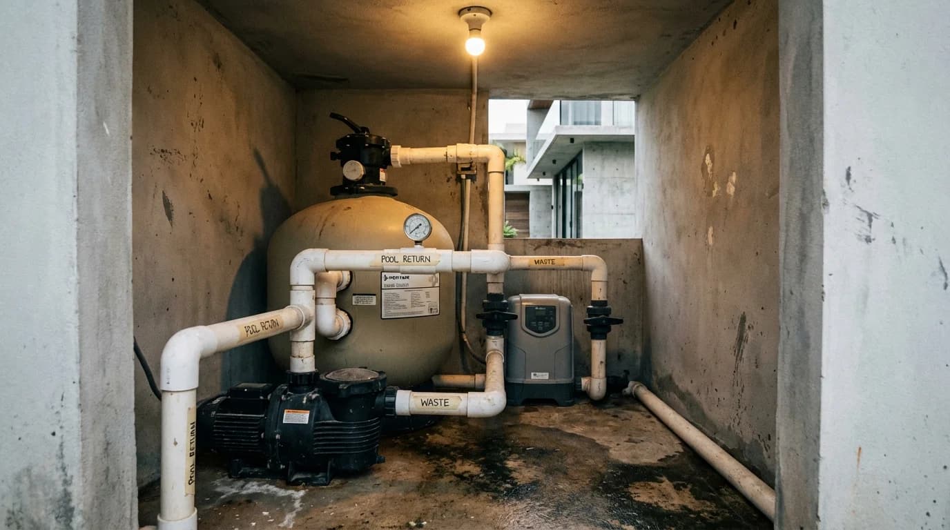 Pool filtration and pump equipment for a Siargao villa