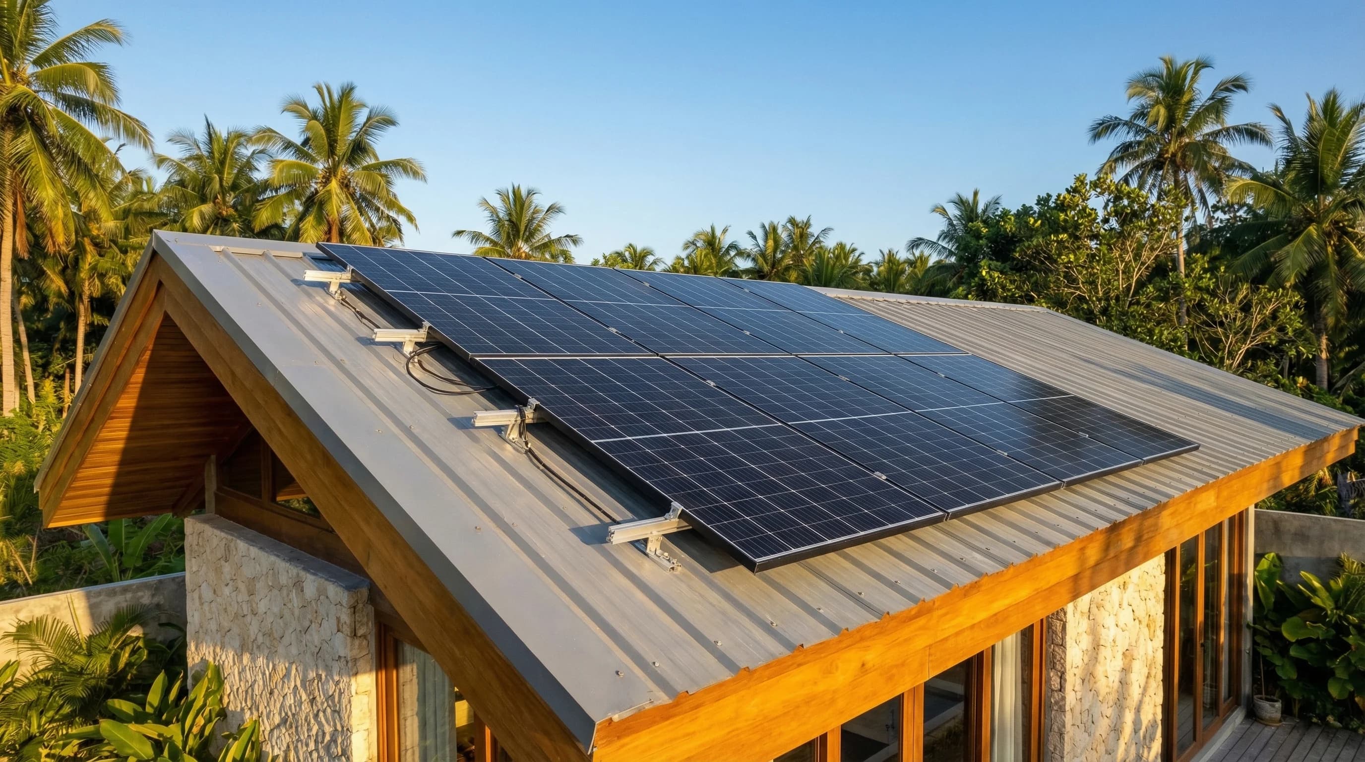 Solar panels on a modern villa rooftop in Siargao