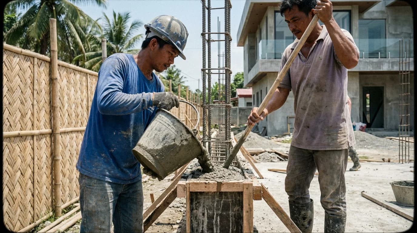 Filipino construction workers pouring concrete on a residential build site in Siargao