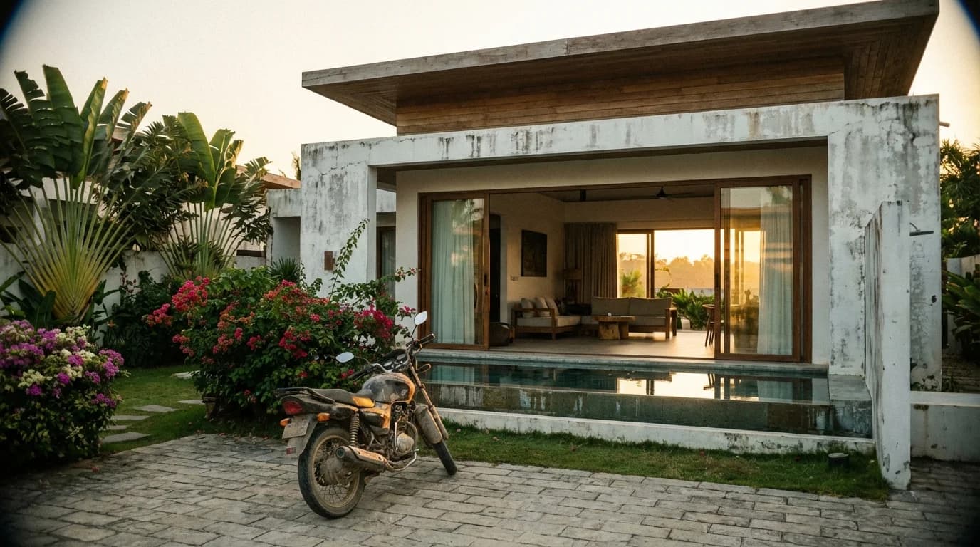 Completed modern tropical villa with pool surrounded by palm trees on Siargao island