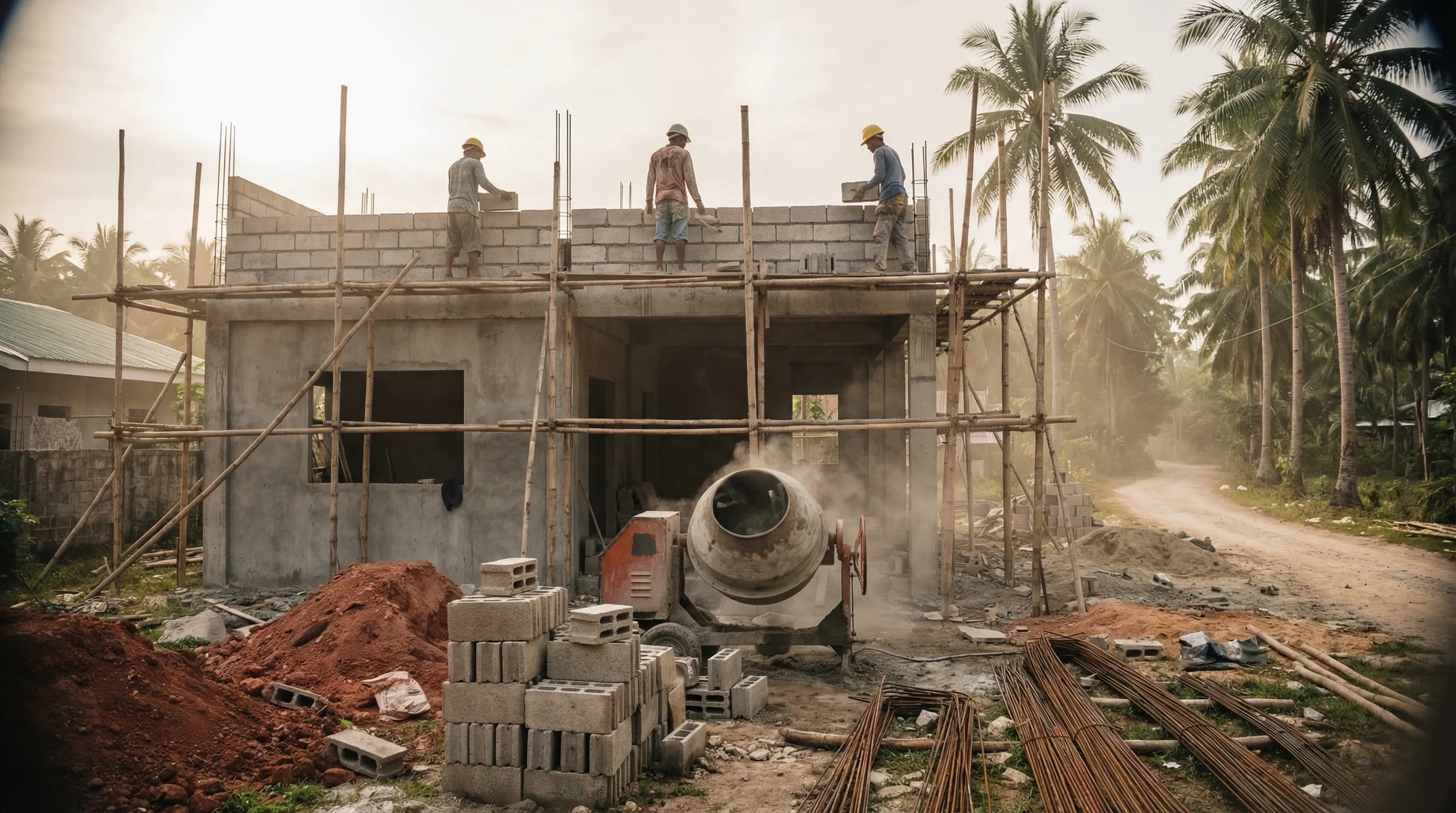 Construction crew working on a concrete villa in Siargao with palm trees in the background