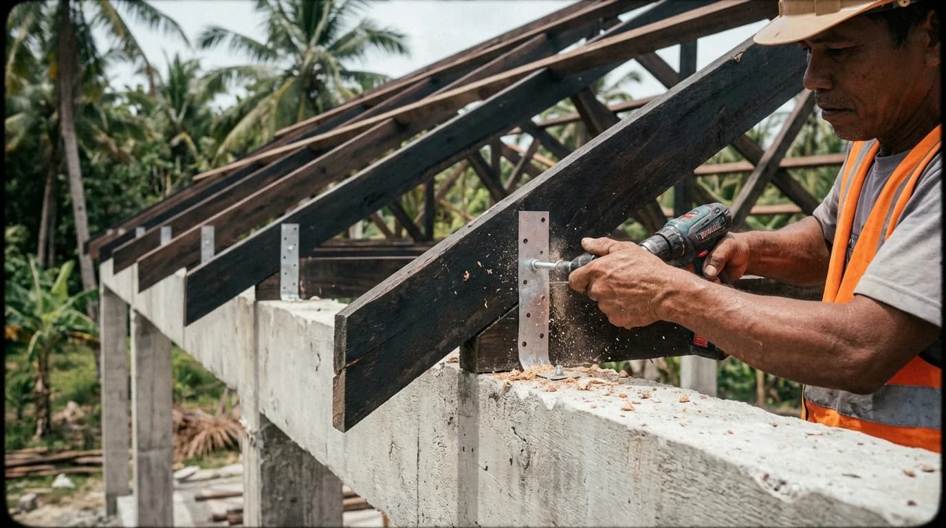Filipino worker installing hurricane straps connecting roof truss to concrete ring beam