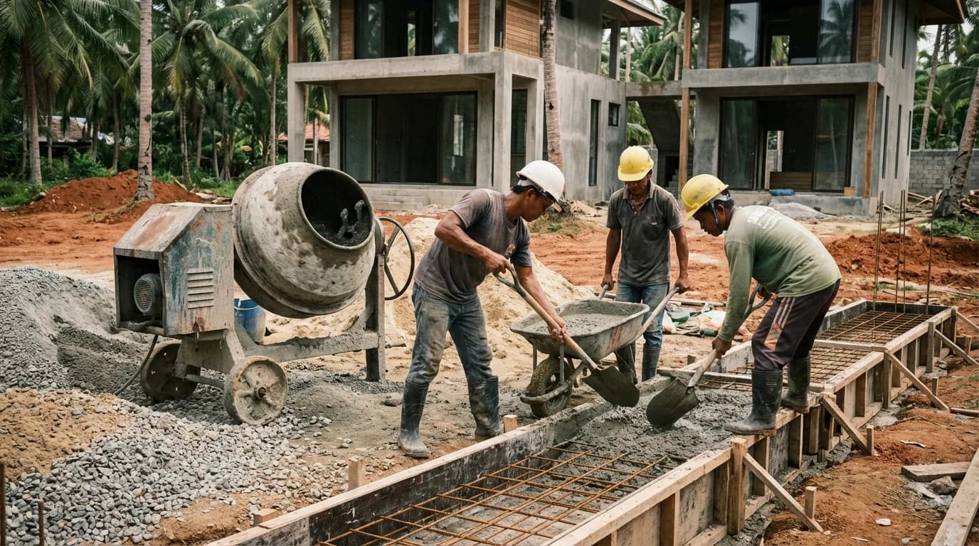 Foundation concrete pour for a villa on Siargao