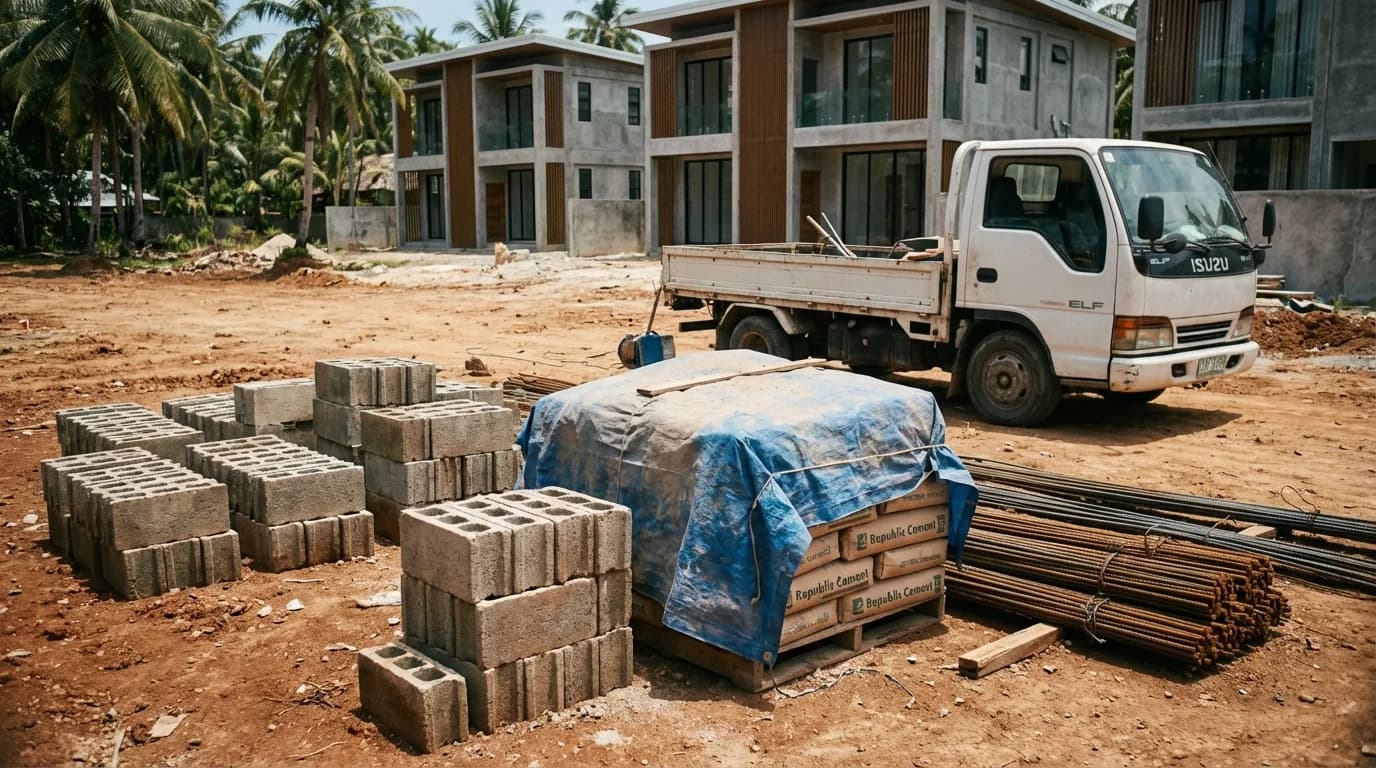 Construction materials stockpiled on a Siargao building site